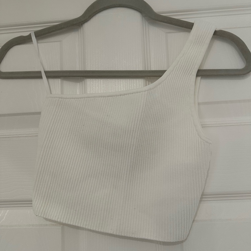 White Ribbed One-Shoulder Top